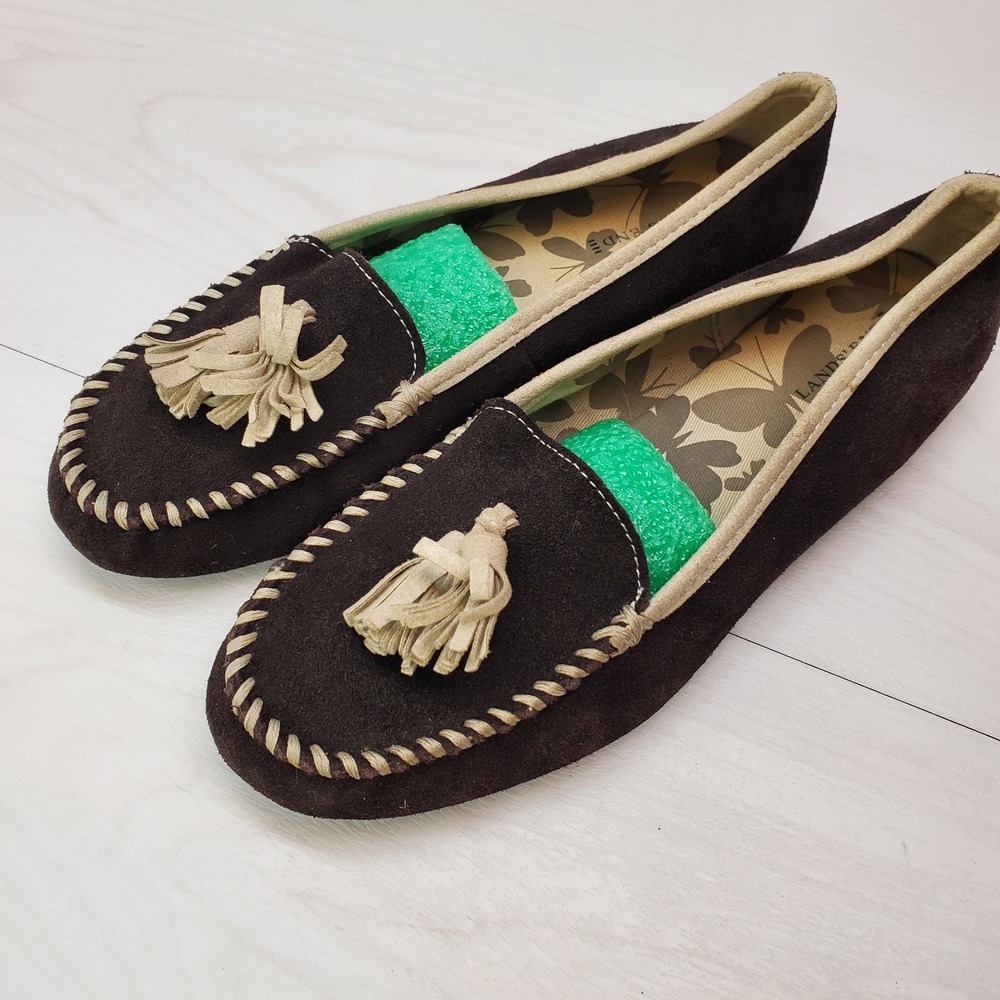 Lands End Brown Suede Moccasin‎ Flats Butterfly Lining 7M Cottagecore Classic